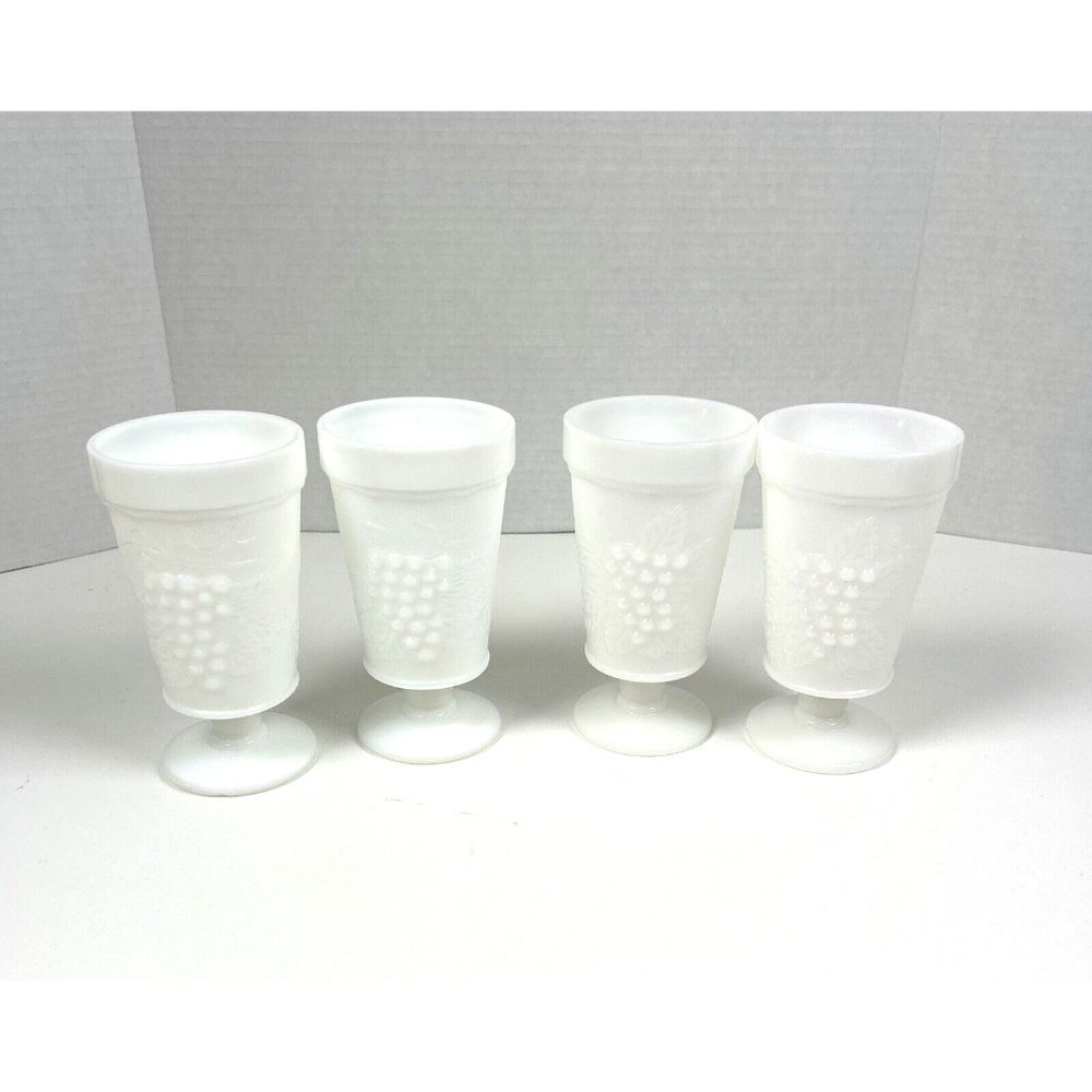 Vintage Set of 4 White Milk Glass Footed Goblets Grapes & Leaves Pattern - Picture 1 of 8